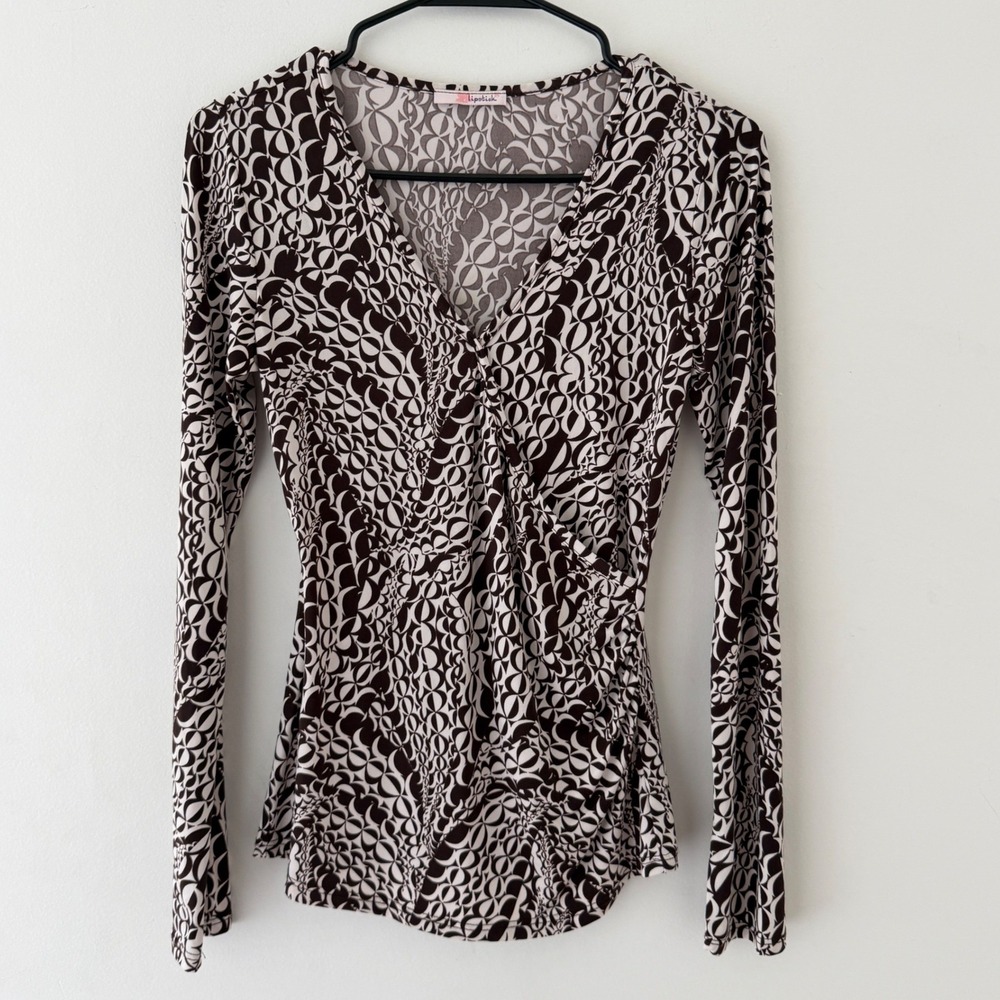 Y2K Lipstick Faux Wrap Top M Brown White Geometric Slinky Stretch Ruched Glam